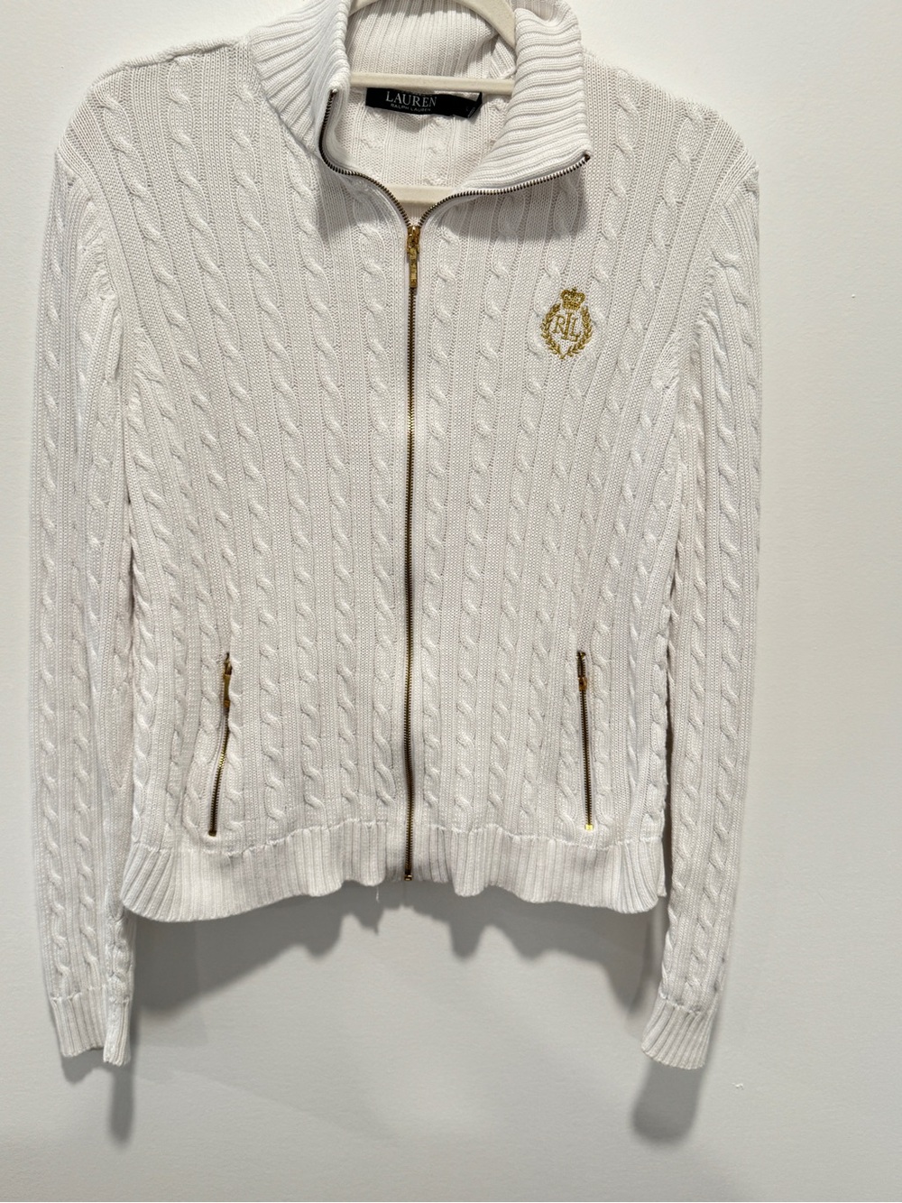 Lauren Ralph Lauren Ivory Cable Knit Full Zip Sweater Jacket L